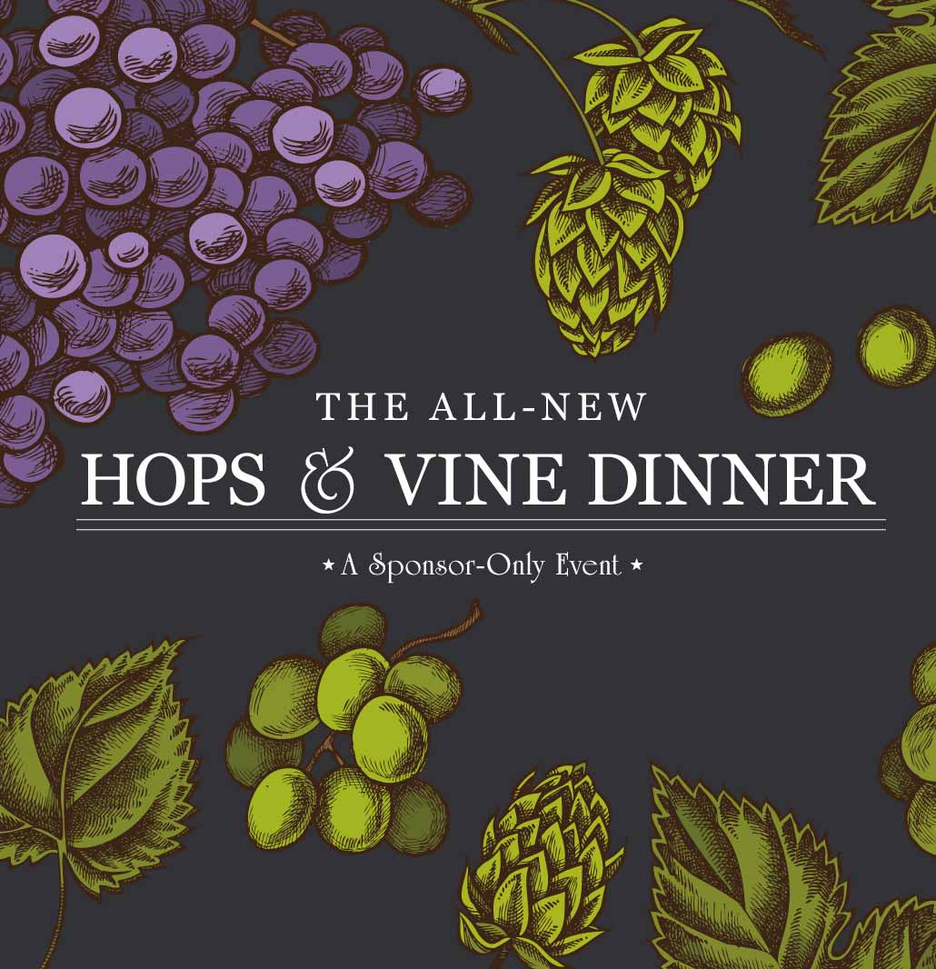 Illustration showing various hop plants and grape vines adorning the text Hops & Vine Dinner.